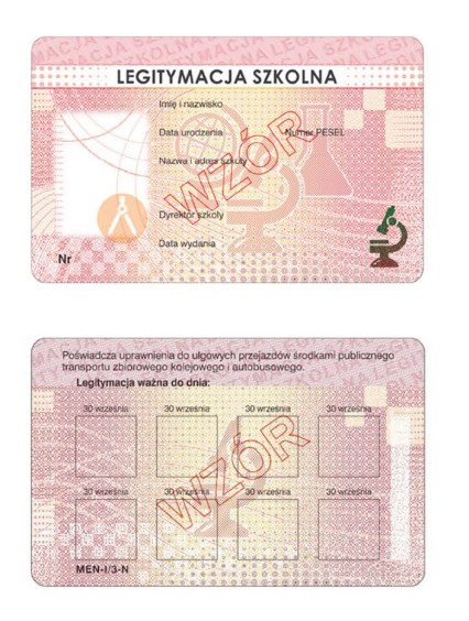 E-legitymacja szkolna MEN-I/3-N wzór awers i rewers